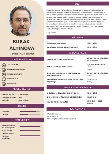 Çevre Mühendisi CV Örnekleri cv indir